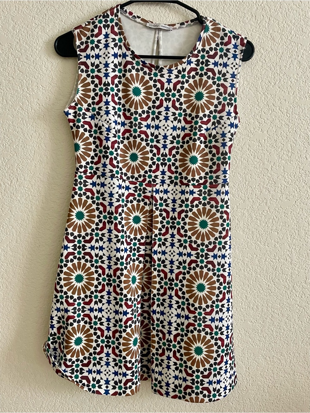 Zara White Sleeveless Mini Dress with Brown, Teal & Navy Geometric Print